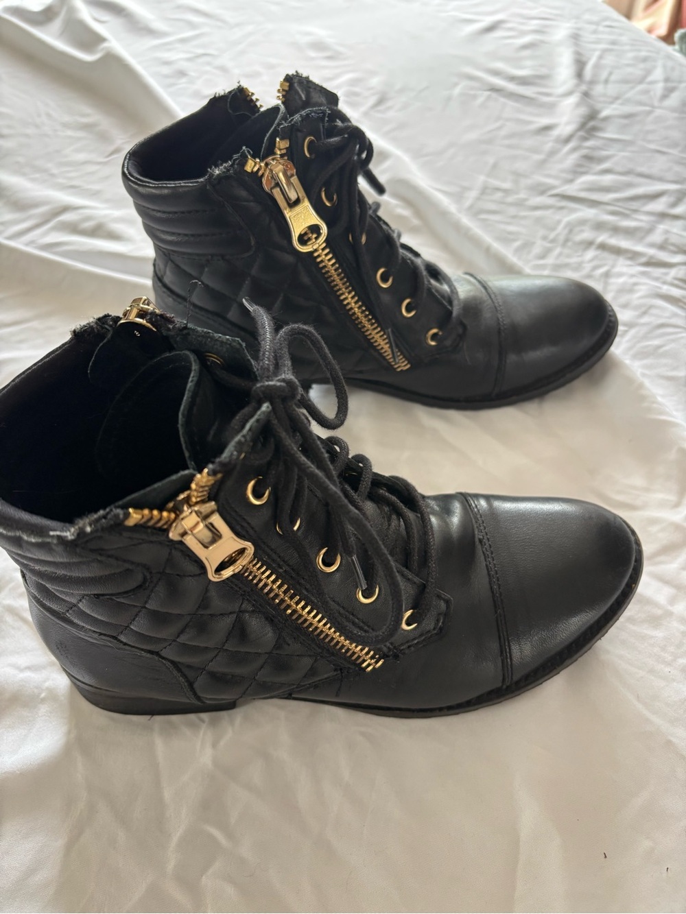 Aldo Black Quilted Lace-Up Ankle Boots with Gold Zipper Accents